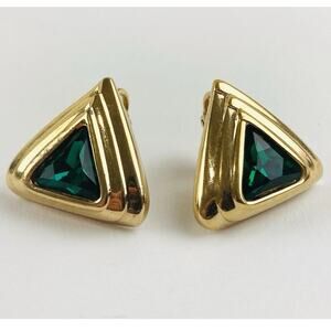 Vtg Swarovski Emerald Green Triangle Clip-On Earrings 1980s Bold Geometric Gold
